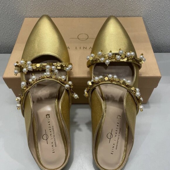 NEW ELINA LINARDAKI Linardaki Stardust Flats – Size 10 – Gold – Pearls & Charms - Picture 8 of 12
